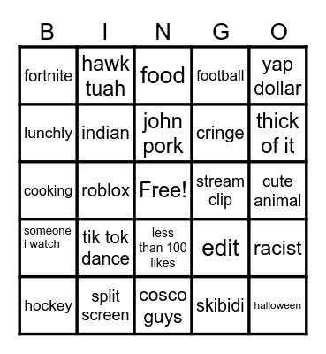 Youtube Short Bingo Card