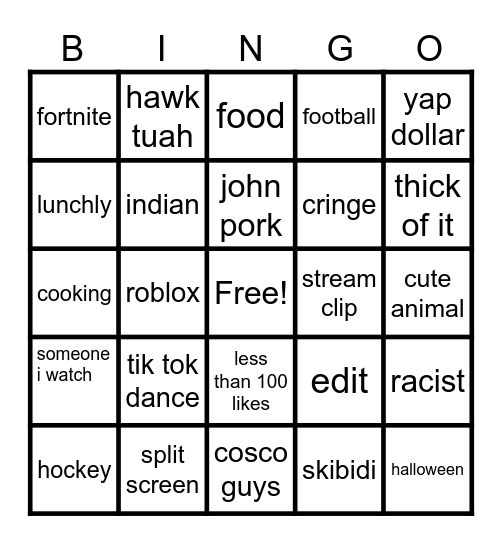 Youtube Short Bingo Card