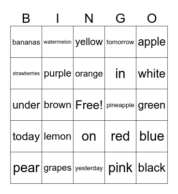 Fruits and Colors Bingo Card