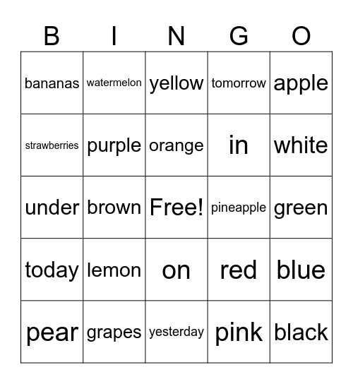 Fruits and Colors Bingo Card