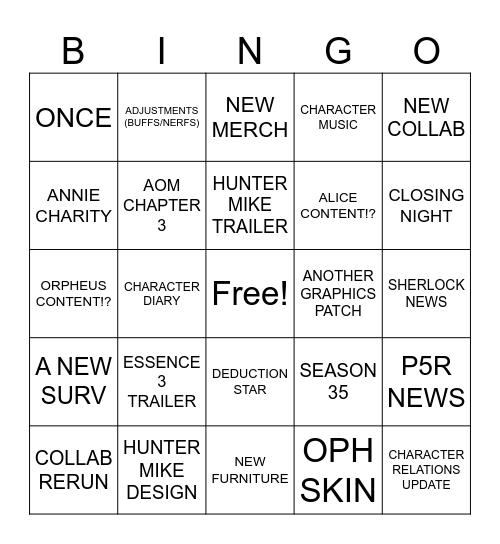 IDV STREAM Bingo Card