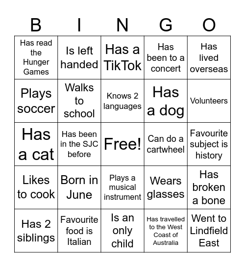 SJC Get to Know You Bingo! Bingo Card