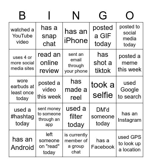 social media bingo Card