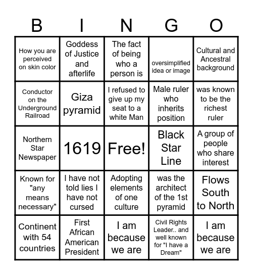 African American Identity Bingo Card