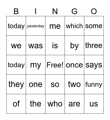 Tricky Word Bingo Card