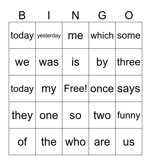 Tricky Word Bingo Card