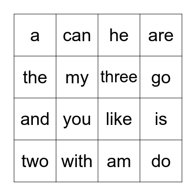 Sight Words Bingo Card
