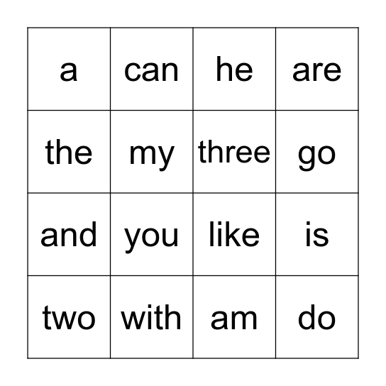 Sight Words Bingo Card