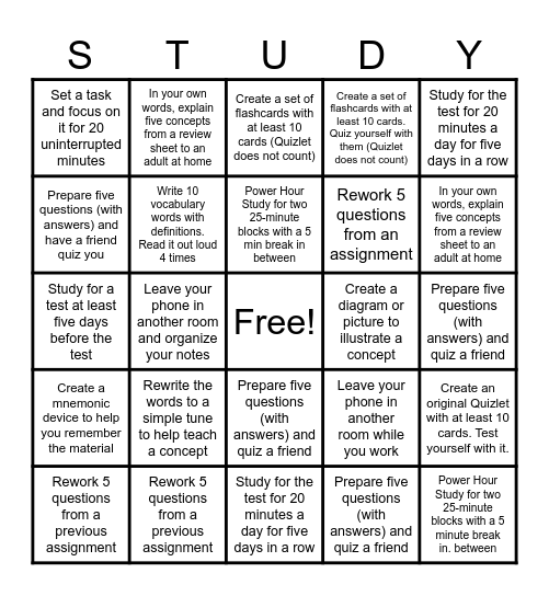 Test Prep Bingo Card