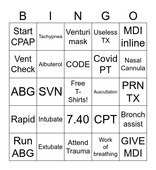 Respiratory Therapy Bingo Card