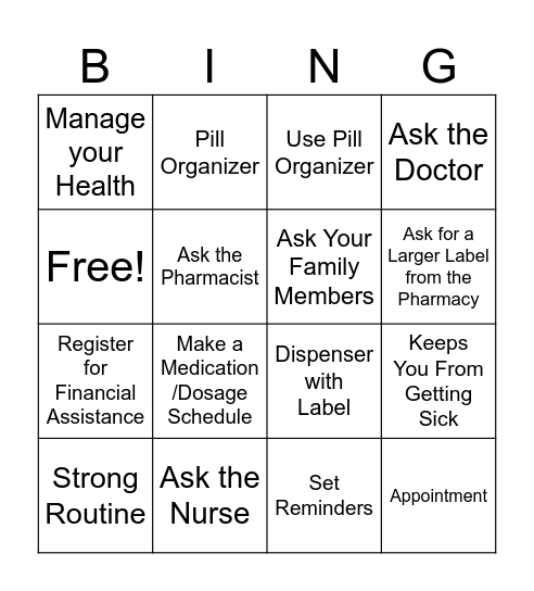 Medication Adherence Bingo Card