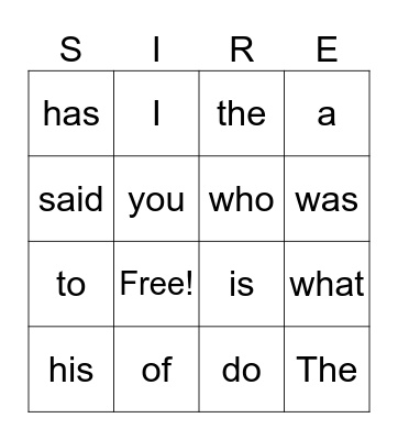 Sight Words BINGO Card