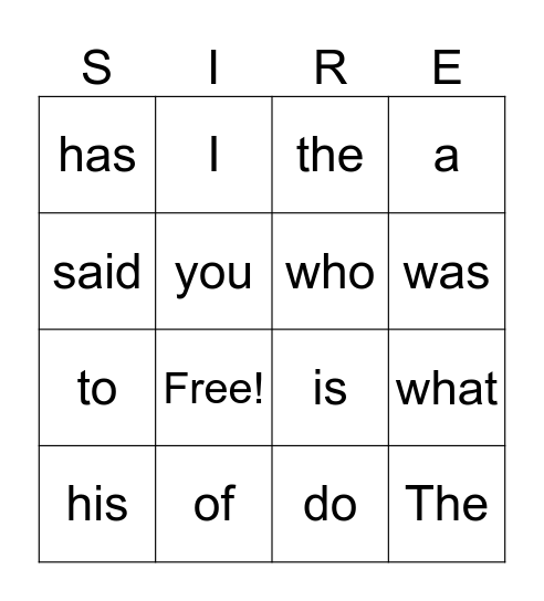 Sight Words BINGO Card