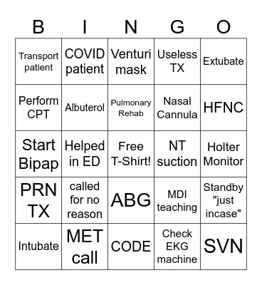 Respiratory Therapy Bingo Card