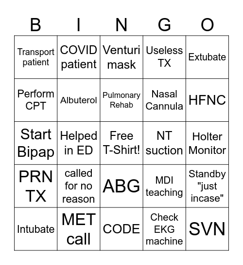 Respiratory Therapy Bingo Card