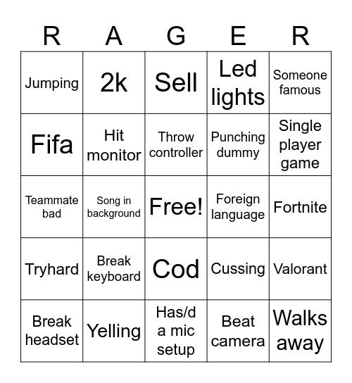 Gamer Rage 😡 Bingo Card