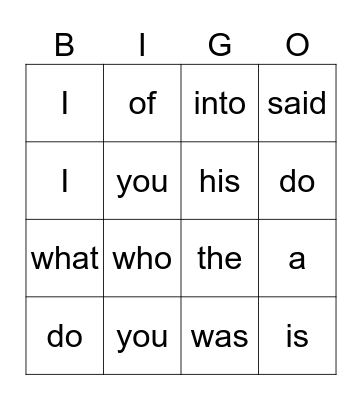 Sight Words BINGO Card