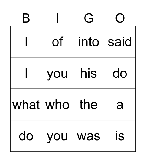 Sight Words BINGO Card