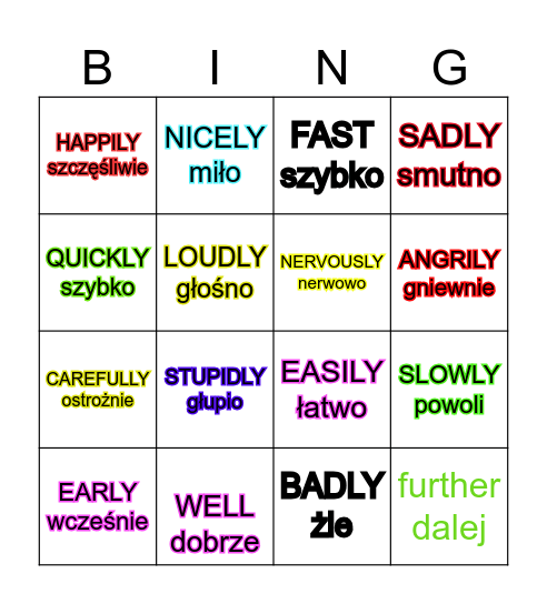 ADVERBS OF MANNER Bingo Card