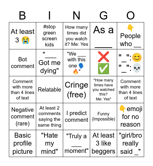 YouTube Shorts Comments Bingo Card