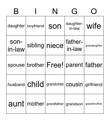 Family Vocabulary Bingo Card