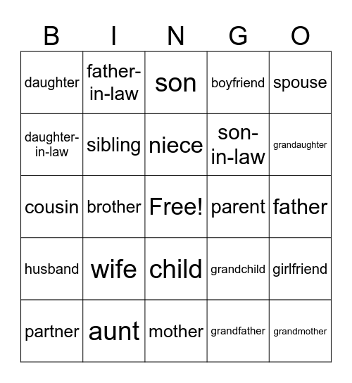 Family Vocabulary Bingo Card