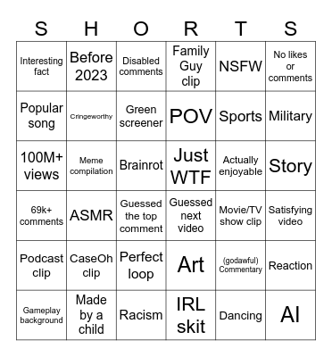 YT Shorts Bingo Card