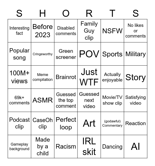 YT Shorts Bingo Card