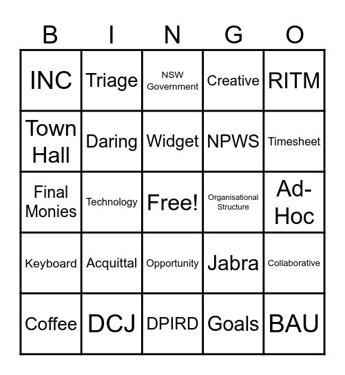 Service Centre Bingo Card