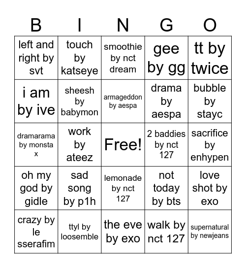 kpop guess the song Bingo Card