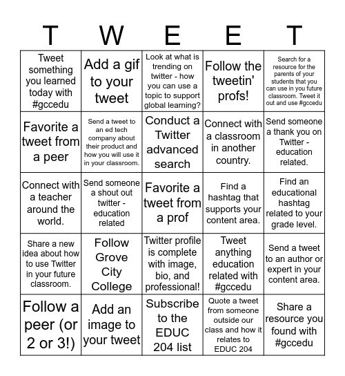 Twitter challenge Bingo Card