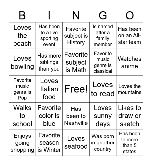 Ice Breaker Bingo Card