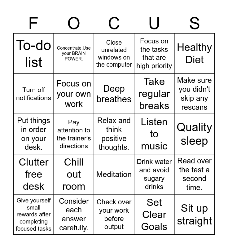 FOCUS Bingo Card