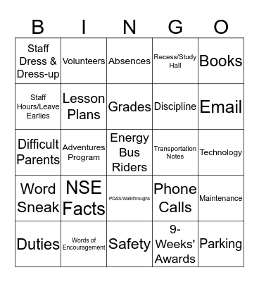 Welcome Back! Bingo Card