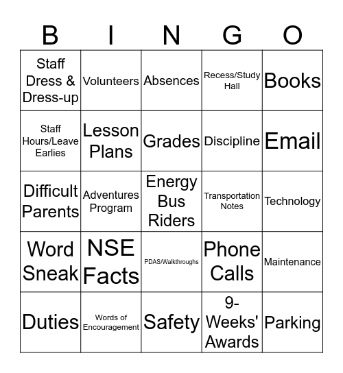 Welcome Back! Bingo Card