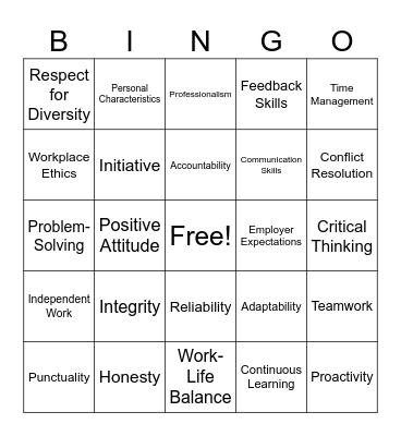 Work Readiness Traits Bingo Card