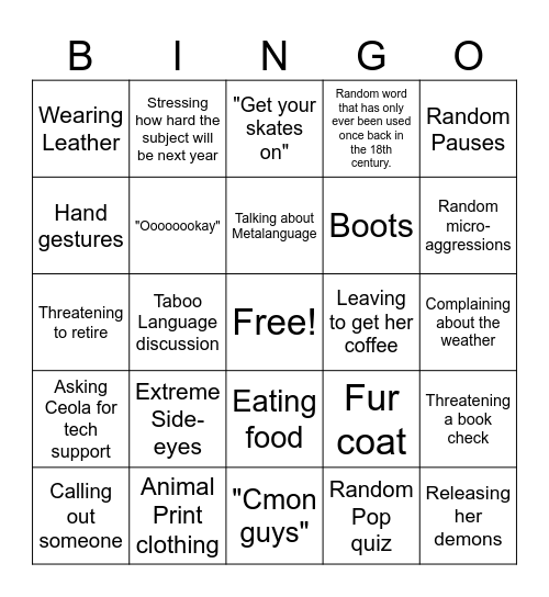 Miss Tantanis Bingo Card