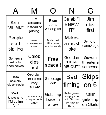 Amongus Bingo Card