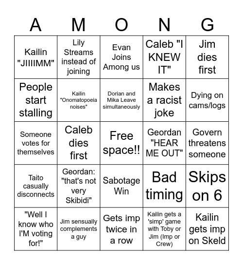 Amongus Bingo Card