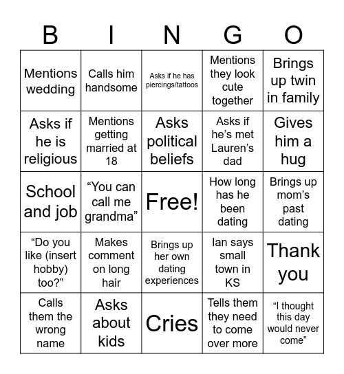 Ian and Grandma Birch’s First Conversation Bingo Card