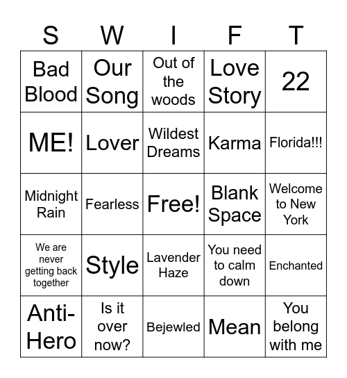 Swifty Bingo Card