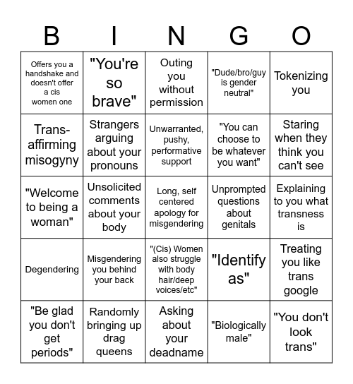 Transfem microaggression bingo Card