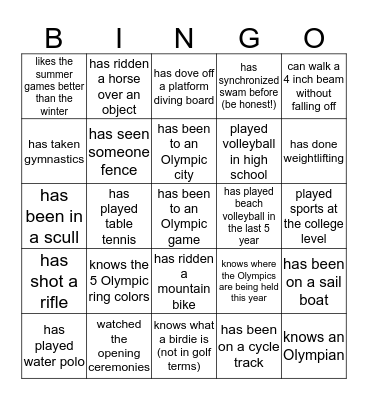 Human Olympic Bingo! Bingo Card