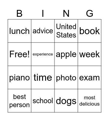 Bingo on definite / indefinite articles Bingo Card