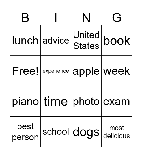 Bingo on definite / indefinite articles Bingo Card