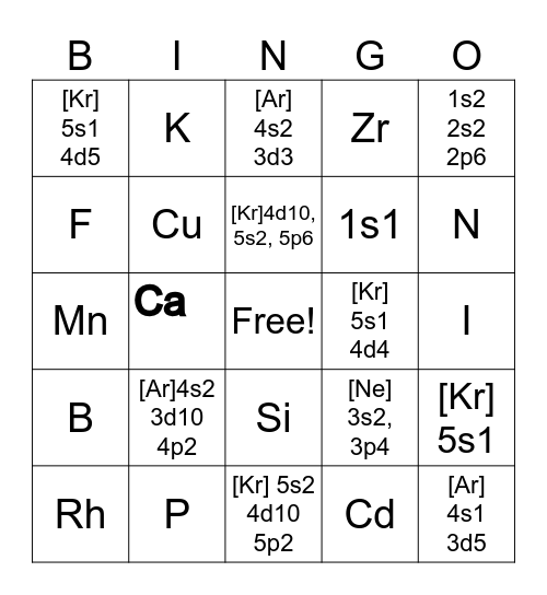 Electron Configuration Bingo Card