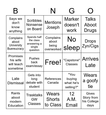 Prof. Haskett Bingo Card