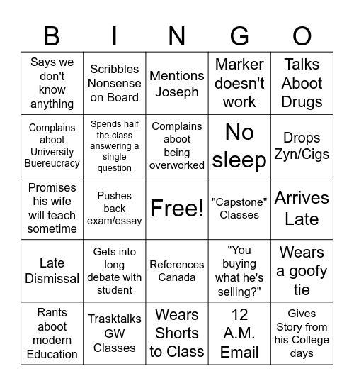 Prof. Haskett Bingo Card