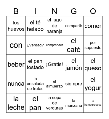 Realidades 1 3A Bingo Card