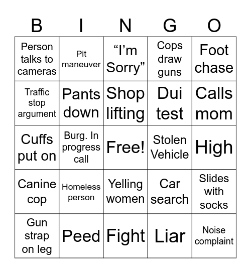 LIVE PD Bingo Card